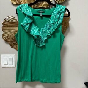 Ralph Lauren Vintage Emerald Green Sleeveless Top She’ll Ruffle Accent Large